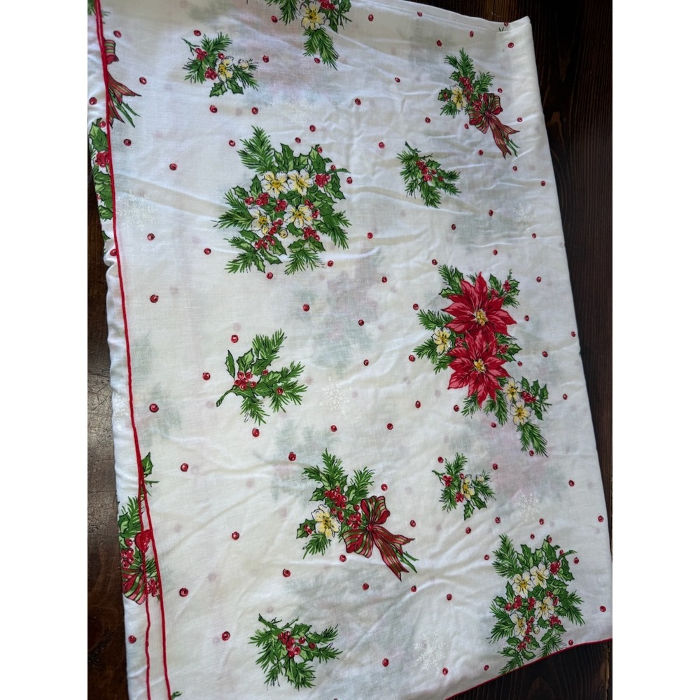 Vintage Christmas Tablecloth Poinsettia Holly Berry Pine White 60x82 Rectangular